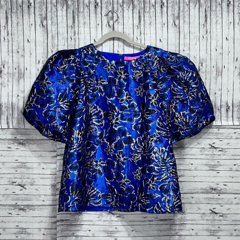 Lilly Pulitzer Pratt Short Sleeve Top Twilight Floral Brocade LIKE NEW Large